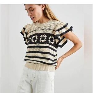 Rail Penelope Crochet Stripe Flutter Sleeve Sweater in Cream & Black